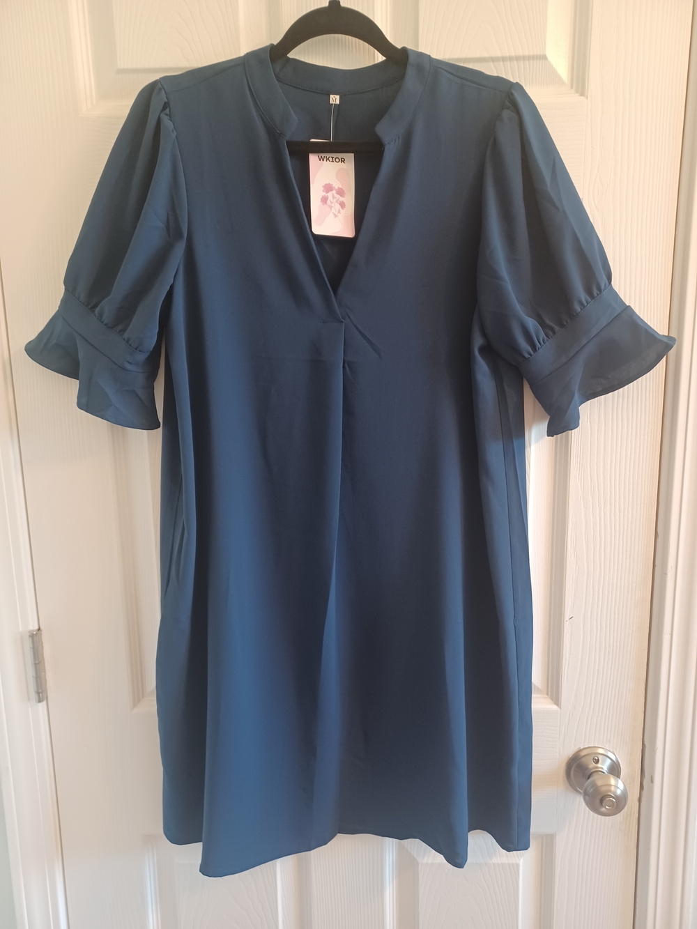 Navy Midi Dress with Ruffle Sleeves Vneck Shift Flowy Lightweight